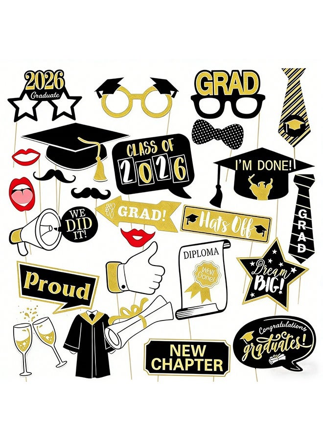 Happy D 25 Graduation Photo Booth Props for Class of 2026, Black and Gold Graduation Decorations for Graduation Party Supplies - Image 1